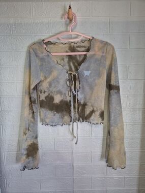 Y2K BluBrwn Mesh Watercolor Tie Front Flare Sleeve Lettuce Edge RARE Size M